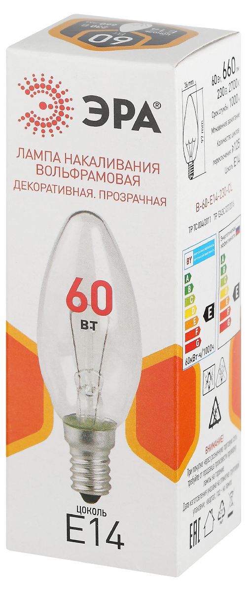 лампа накаливания эра b-60-e14-230-cl свечка б0066551