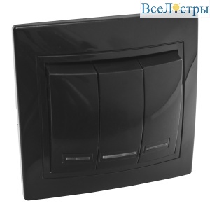 Выключатель 3 кл. с подсветкой скрытой установки 10А 250В IP20, черный (керамика) "Дельта" General 477310