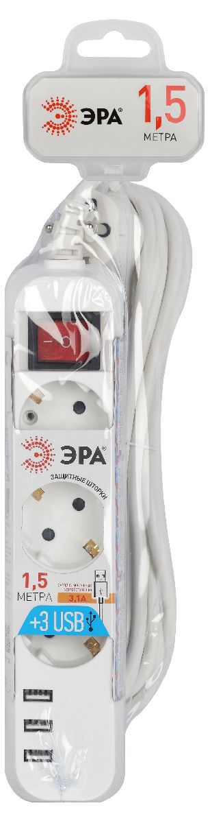 удлинитель электрический эра u-3es-1,5m-usb б0052900