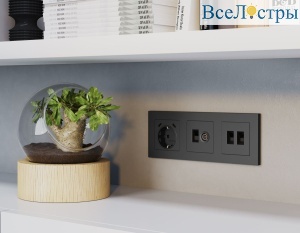 Комплект механизма компьютерной двойной розетки RJ-45 с автоматической защитной шторкой Alfa Графит мягкое касание Quant Ambrella Volt MA912110 (AP9121, VM189)