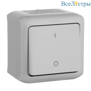 Выключатель одноклавишный двухполюсный Legrand Quteo 10A 250V IP44 серый 782339