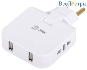 Разветвитель электрический Эра SPF-2-FL-USB поворотный на 2 розетки + 2USB 10А белый Б0069089