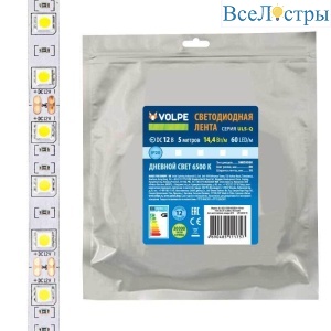 Светодиодная лента Volpe 14,4W/m 60LED/m 5050SMD холодный белый 5M ULS-Q221 5050-60LED/m-10mm-IP20-DC12V-14,4W/m-5M-6500K UL-00004352