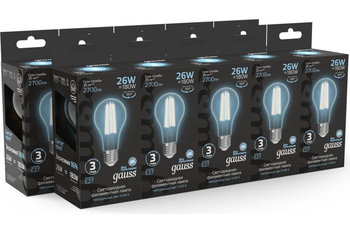 лампа светодиодная филаментная gauss e27 26w 4100k прозрачная 102902226