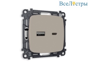 Комплект механизма розетки 2USB A+C 20W (быстрая зарядка) Ambrella Volt Omega MO371010