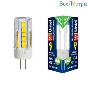 Лампа светодиодная (UL-00006745) Uniel G4 5W 4000K прозрачная LED-JC-220/5W/4000K/G4/CL GLZ09TR