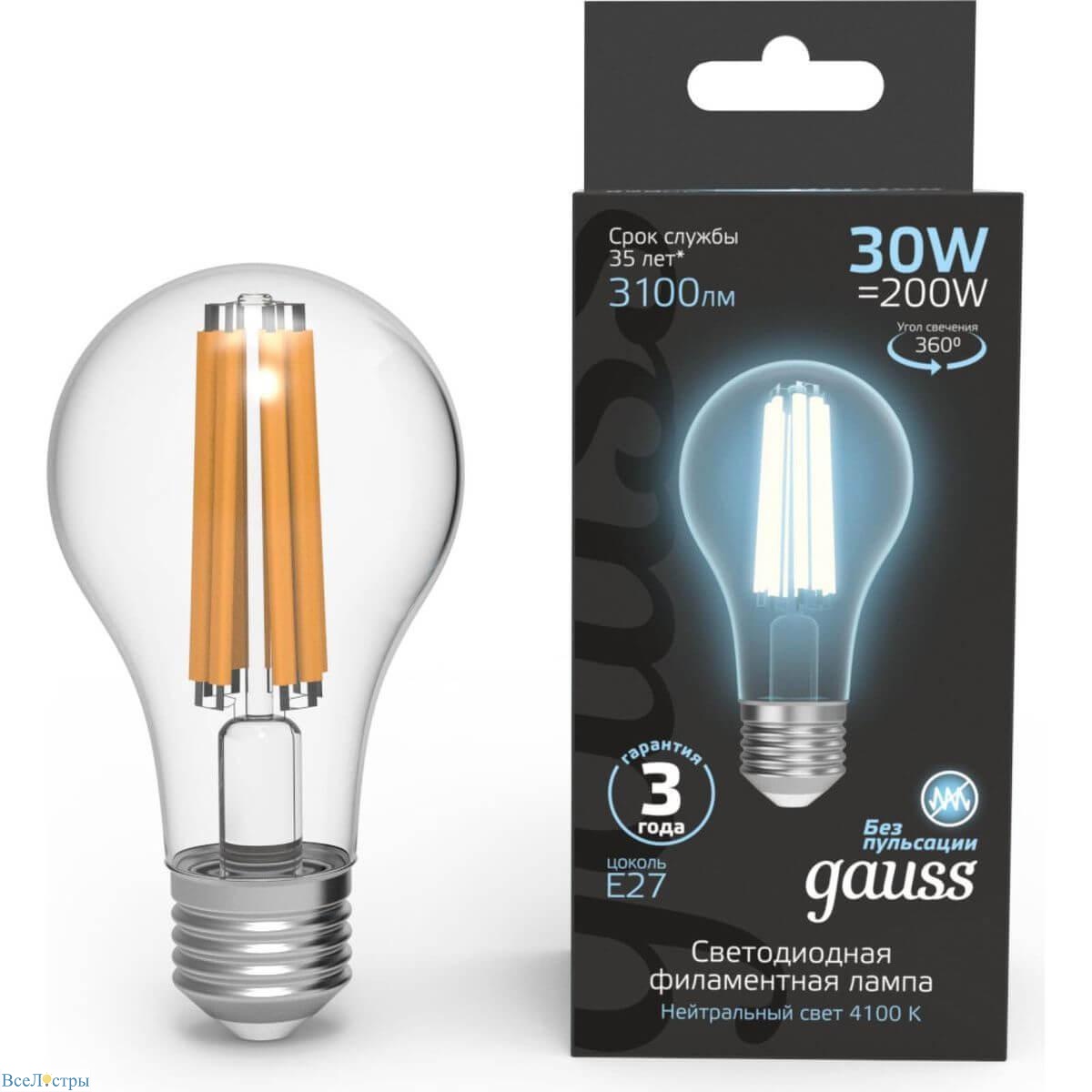 лампа светодиодная филаментная gauss e27 30w 2700k прозрачная 102902230