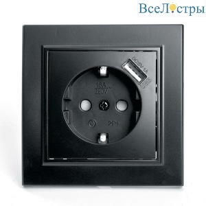 Розетка 2P+PE/USB Stekker Эрна со шторками черный PST16-9011-03 39480