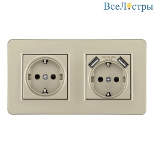 Розетка двойная (двухпостовая) с/з и шторками + USB Arte Milano SET16-2-47-1-40-1 shampan