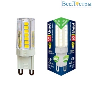 Лампа светодиодная (UL-00006748) Uniel G9 5W 3000K прозрачная LED-JCD-5W/3000K/G9/CL GLZ09TR