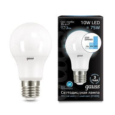 лампа светодиодная диммируемая gauss e27 10w 4100k матовая 102502210-s