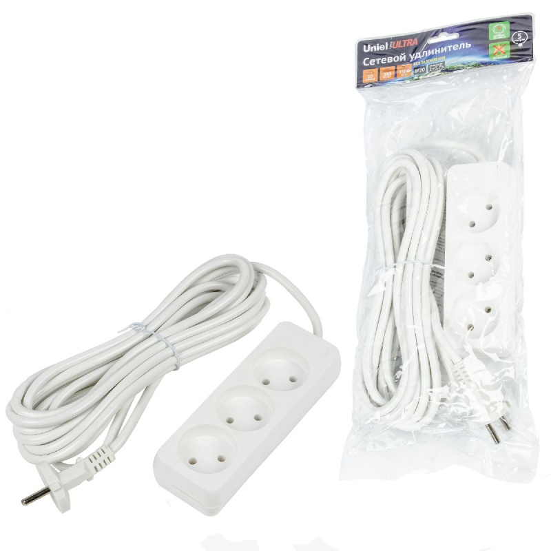 удлинитель бытовой uniel ultra s-cu3-5 white ul-00009984