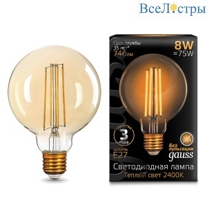Лампа светодиодная филаментная Gauss E27 8W 2400K золотая 105802008