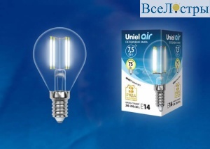Лампа светодиодная филаментная (UL-00003254) Uniel E14 7,5W 4000K прозрачная LED-G45-7,5W/NW/E14/CL GLA01TR