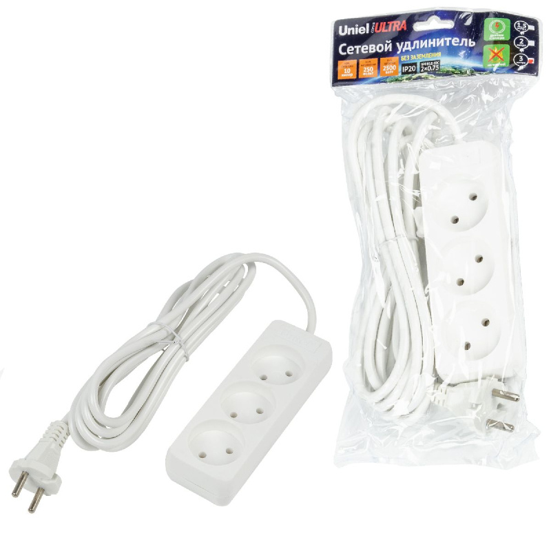 удлинитель бытовой uniel ultra s-cu3-3 white ul-00009982