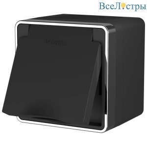 Розетка влагозащищенная с заземлением, с защитной крышкой и шторками Werkel Gallant черный/хром W5071235 4690389164637