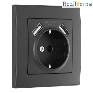 Комплект розетки с/з и шторками + USB и рамкой Arte Milano SET06-1-47-1 black