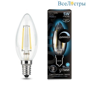 Лампа светодиодная диммируемая Gauss филаментная E14 5W 4100К прозрачная 103801205-D