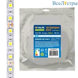 Светодиодная лента Volpe 4,8W/m 60LED/m 2835SMD холодный белый 5M ULS-Q320 2835-60LED/m-8mm-IP20-DC12V-4,8W/m-5M-6500K UL-00004537