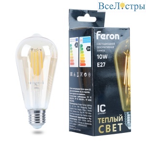 Лампа светодиодная филаментная Feron LB-64 колба прозрачная E27 10W 230V 2700K 52165