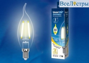 Лампа светодиодная филаментная (UL-00002863) Uniel E14 5W 3000K LED-CW35-5W/WW/E14/CL/DIM GLA01TR