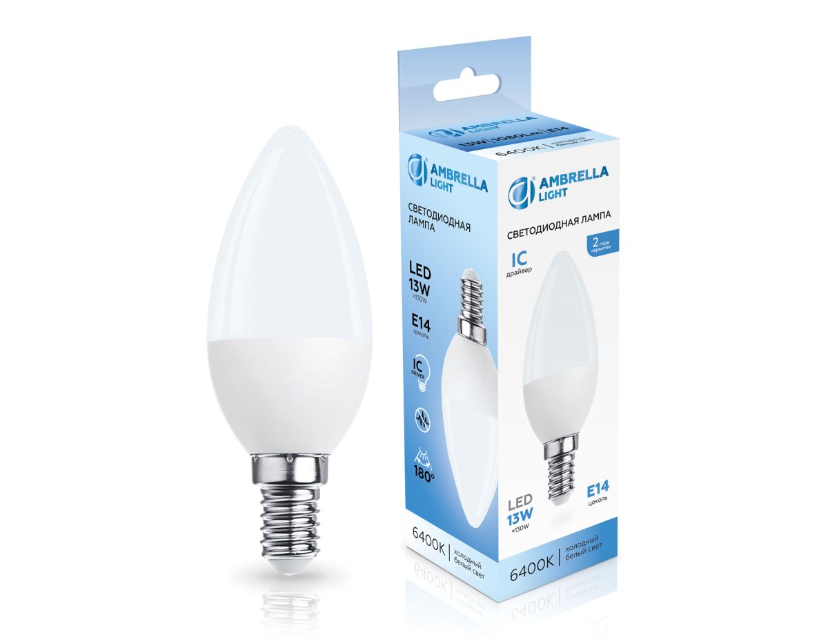светодиодная лампа ambrella light bulbing e14 13w 6400k свеча 371316