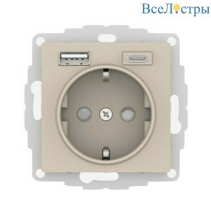 Розетка 16А c 2 USB A+C, 5В/2,4А/3,0А, 2х5В/1,5А, механизм Systeme Electric AtlasDesign Песочный ATN001232