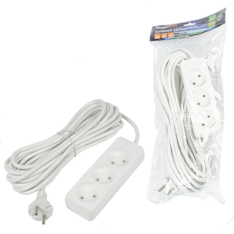 удлинитель бытовой uniel ultra s-cu3-10 white ul-00009980