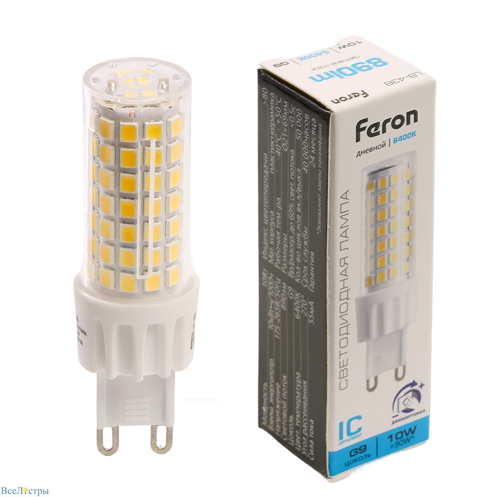лампа светодиодная диммируемая feron lb-438 g9 10w 6400k 51743