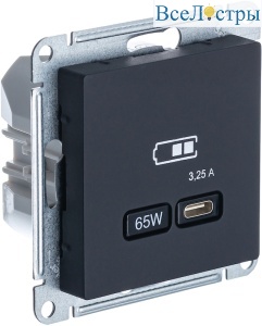 Розетка тип-C 65W высокоскор.заряд. QC, PD, мех. Systeme Electric AtlasDesign Карбон USB ATN001027