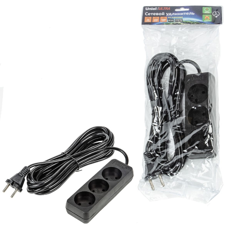 удлинитель бытовой uniel ultra s-cu3-5 black ul-00009985