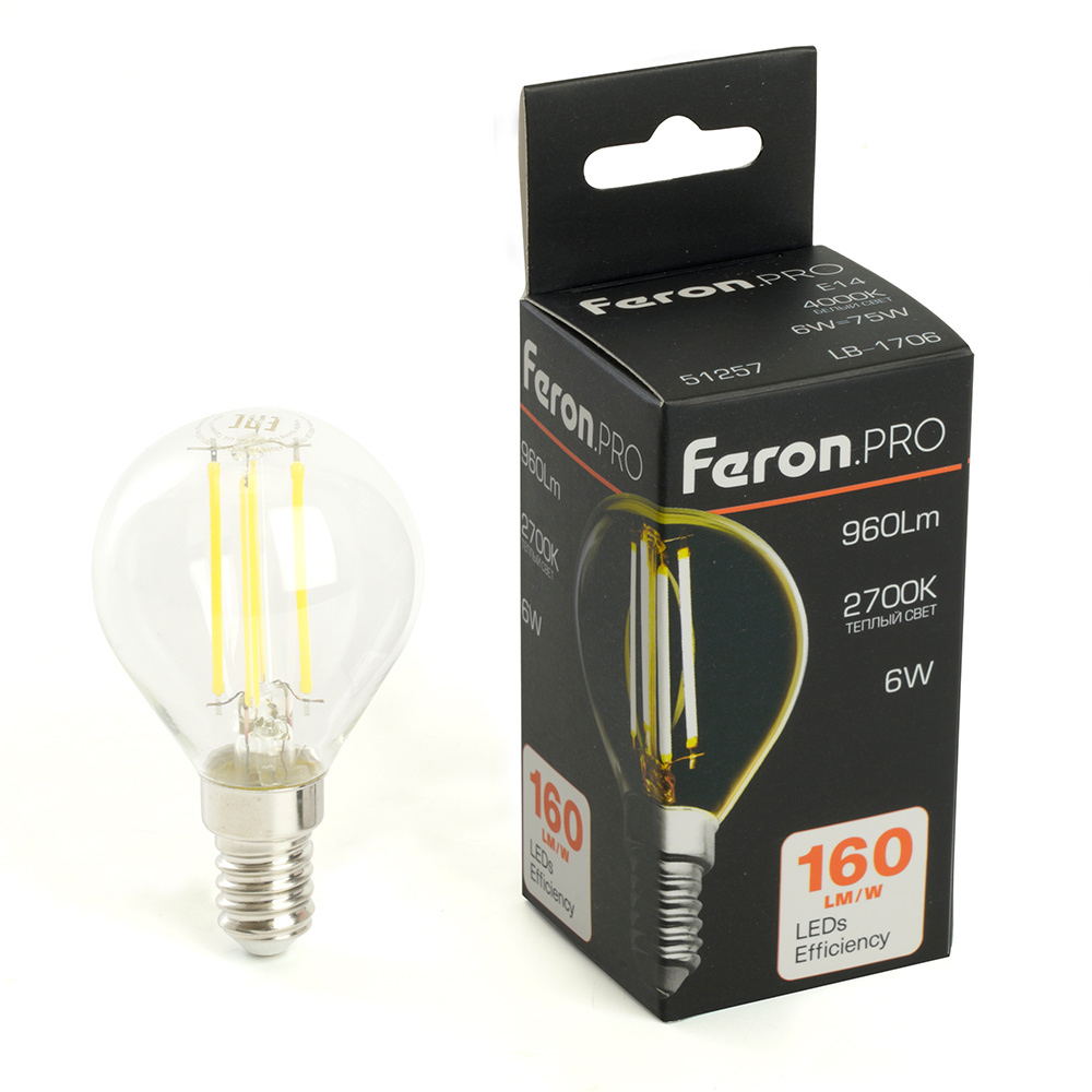 лампа светодиодная feron e14 6w 2700k lb-1706 51256