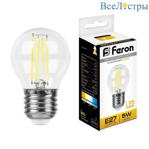Лампа светодиодная филаментная Feron E27 5W 2700K Шар Прозрачная LB-61 25581