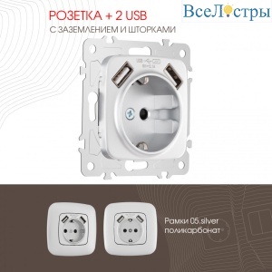 Розетка с заземлением, шторками + 2 USB Arte Milano 205.47-1.silver