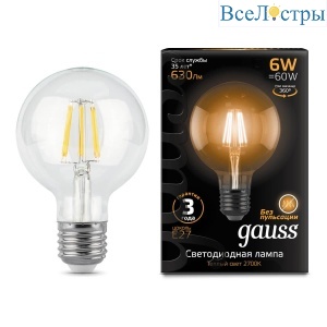 Лампа светодиодная филаментная Gauss E27 6W 2700K прозрачная 105802106