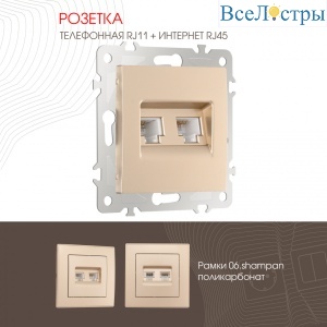 Розетка телефонная RJ11 + компьютерная RJ45 Arte Milano 206.44-1.shampan